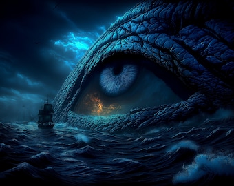 Lámina con primer plano del ojo de una ballena blanca | Arte mural náutico oscuro | Póster inspirado en Moby Dick | Descarga digital con IA del océano gótico