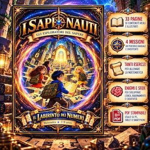 Può includere: Una copertina di libro intitolata I Sapienauti con tre bambini in un portale luminoso circondati da blocchi di pietra numerati. Il lato destro elenca caratteristiche come 33 pagine, 4 missioni, esercizi di matematica, enigmi e PDF.