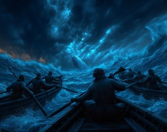 Lámina de caza de ballenas en medio de una tormenta | Arte mural de fantasía náutica oscura | Póster de balleneros inspirado en Moby Dick | Descarga digital con IA
