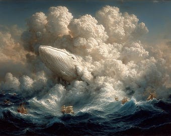 Lámina de ballena blanca colosal | Arte mural de fantasía náutica oscura | Póster inspirado en Moby Dick | Descarga digital con IA