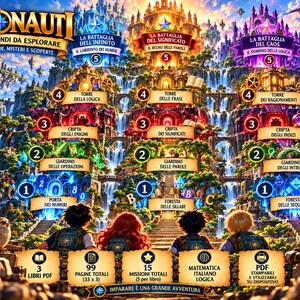 K&ouml;nnte beinhalten: Ein p&auml;dagogisches Fantasy-Spielbrett mit dem Titel Sapionauti, das eine mehrst&ouml;ckige Schlosslandschaft mit Wasserf&auml;llen, nummerierten Missionsmarkern und vier Kindern zeigt. Text mit Angaben zu 3 B&uuml;chern, 99 Seiten, 15 Missionen und PDF-Format.