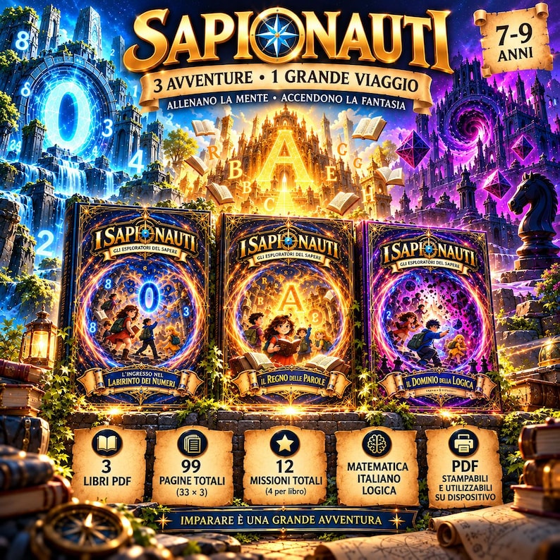 K&ouml;nnte beinhalten: Ein Set aus drei digitalen B&uuml;chern namens Sapionauti mit Fantasy-Illustrationen von Kindern, die Zahlen, W&ouml;rter und Logik erkunden. Die Sammlung umfasst 99 Seiten, 12 Missionen f&uuml;r 7- bis 9-J&auml;hrige und wird als druckbare PDF-Dateien bereitgestellt.