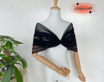 Vintage Black Tulle Bridal Wrap,Detachable V Neck Arm Covers,Off-Shoulder Wedding Shawl,Custom Colors.