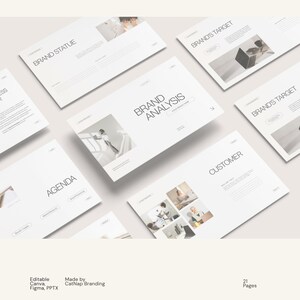 May include: A digital presentation template set featuring multiple white slides with black sans-serif text. Visible headings include Brand Statue, Brand Analysis, Brand's Target, Agenda, and Customer. The slides contain placeholder text and images.