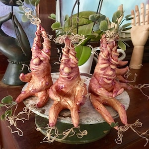 May include: Three whimsical, hand-crafted, ceramic figures with a reddish-brown color and intricate details. Each figure has a human-like face and is adorned with leafy vines and roots.