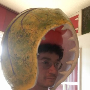 K&ouml;nnte beinhalten: Eine Person tr&auml;gt einen gr&uuml;n-gelben Helm mit einem gro&szlig;en, offenen Mund. Der Helm ist wie eine Pflanze mit Z&auml;hnen und einem rosafarbenen Innenraum geformt.
