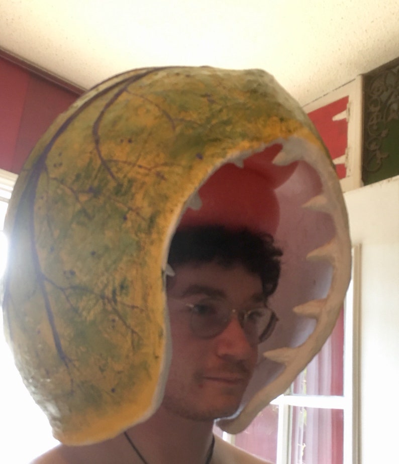 K&ouml;nnte beinhalten: Eine Person tr&auml;gt einen gr&uuml;n-gelben Helm mit einem gro&szlig;en, offenen Mund. Der Helm ist wie eine Pflanze mit Z&auml;hnen und einem rosafarbenen Innenraum geformt.