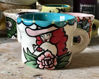 Sweet Nudie Cowgirl! Traditional Tattoo style handmade mug!