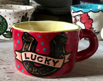 Luck Stays In Lucky Horseshoe traditional tattoo style handmade mug!