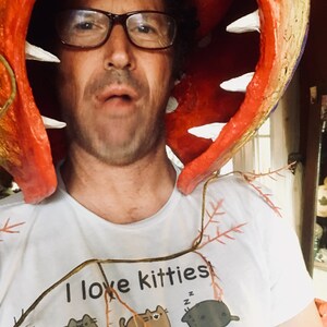 K&ouml;nnte beinhalten: Eine Person tr&auml;gt ein rotes und wei&szlig;es Kost&uuml;m einer fleischfressenden Pflanze mit einem wei&szlig;en T-Shirt, auf dem "Ich liebe K&auml;tzchen" steht und ein Motiv mit mehreren Comic-Katzen.