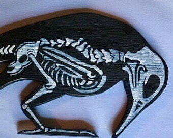 Raven skeleton wooden plaque. Beguiling Victorian curio!