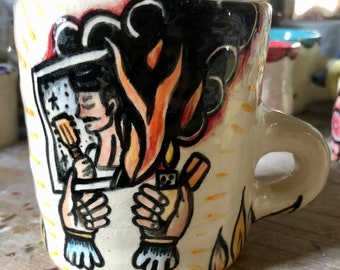 Burn Him Down Traditional Tattoo style Handmade mug!