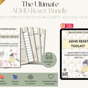 Op de afbeelding: De digitale toolkit The Ultimate ADHD Reset Bundle bevat printbare PDF-werkbladen en gidsen van Baluch Mind Studio. De materialen bevatten illustraties van een persoon die aan een laptop werkt, hersenpictogrammen en tekst over focus en rust.