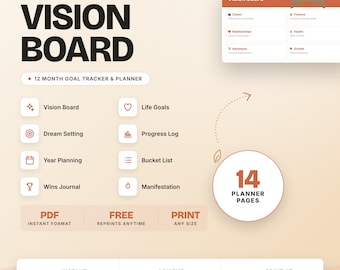 12 Month Vision Board Template Printable Goal Tracker Planner 14 Page Bundle Yearly Goal Setting Workbook