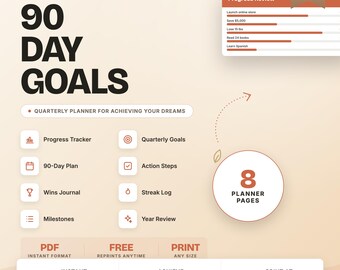 90 Day Goal Planner Printable: Quarterly Goals Tracker, Action Plan (Digital Download)