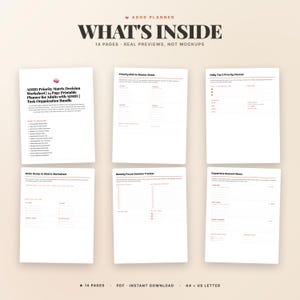 May include: A 14-page ADHD planner bundle featuring printable worksheets and trackers. The document includes a Priority Matrix Master Sheet, Daily Top 3 Priority Planner, Brain Dump to Matrix Worksheet, Weekly Focus Session Tracker, and Dopamine Reward Menu with black text on white paper.