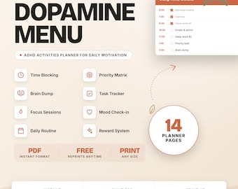 ADHD Dopamine Menu Planner: 14-Page Activities Bundle for Adults (Digital Download)