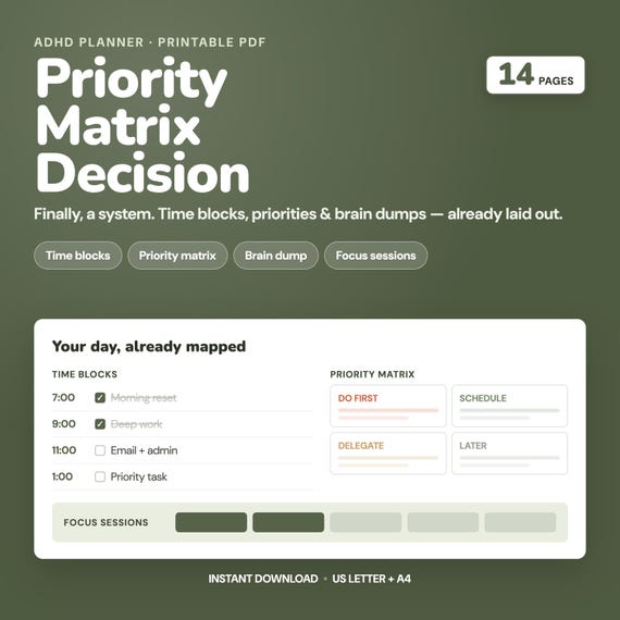 ADHD Priority Matrix Decision Worksheet 14 Page Printable Planner for Adults with ADHD Task Organization Bundle