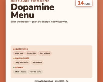 ADHD Dopamine Menu Planner Printable 14 Page Bundle for Adults, Focus and Energy Management, Instant Download PDF