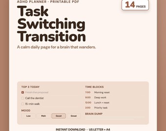 ADHD Task Switching Transition Planner Printable 14 Page Bundle for Adults with Executive Dysfunction and Focus Challenges