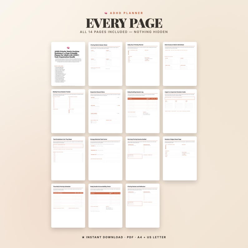 May include: A digital ADHD planner set featuring 14 printable pages with black text on white backgrounds. The layout includes various task organization worksheets, decision guides, and daily planners. The header reads ADHD PLANNER EVERY PAGE.