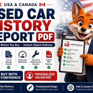 Köparrapport för begagnade bilar, PDF med anpassad fordonshistorik, VIN-inspektionsrapport, USA och Kanada, snabb leverans