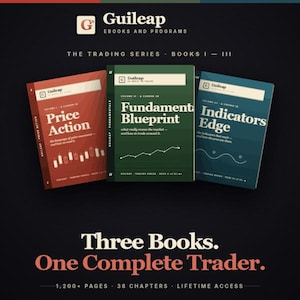 May include: Three books on a dark background. The books are titled "Price Action", "Fundament Blueprint", and "Indicators Edge". The books are part of "The Trading Series". The text "Three Books. One Complete Trader." is also visible.