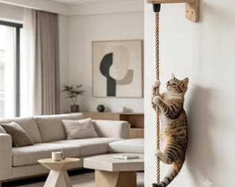 Wandmontiertes Katzenkletterseil | Kratzbaum aus Holz | Platzsparende Katzenwandmöbel | Moderne Katzenbeschäftigung | Kletterbaum für Katzen in Innenräumen