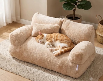 Plush Cat Sofa Bed, Faux Fur Pet Couch, Cozy Kitten Furniture, Small Dog Lounge