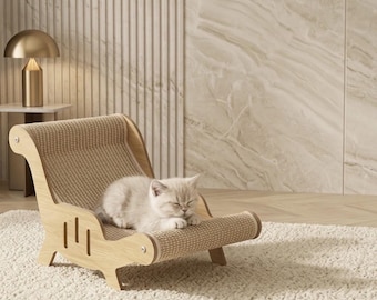 Wooden Cat Lounge Chair, Cat Sofa Scratcher, Modern Cat Bed Furniture, Sisal Scratching Chaise, Cat Couch for Small Pets
