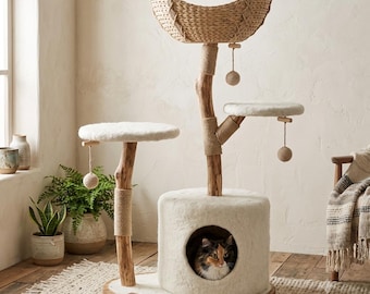 Handmade Wooden Cat Tree with Rattan Basket – Modern Boho Sisal Tower