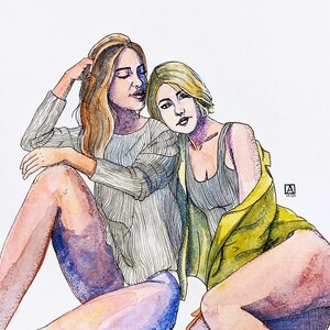 ORIGINAL Lesbian Same Sex Couple Illustration - Ink + Watercolor - 6x8&quot;