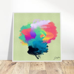 May include: A square digital art print featuring a central abstract explosion of vibrant colors including magenta, cyan, yellow, and deep black against a textured light green background. A handwritten signature is visible in the bottom right corner.