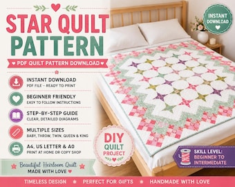 Periwinkle Field Quilt Pattern PDF, Floral Quilt Muster, Patchwork Quilt Muster, Quilt Muster werfen, moderne Quilt Design,