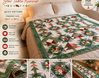 Modello PDF per trapunta a nove quadrati con stella natalizia, modello per trapunta natalizia, modello per coperta festiva, trapunta con albero di Natale, download immediato
