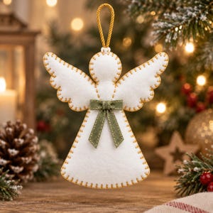 May include: A white felt angel ornament featuring a gold cord loop for hanging. The angel has stitched gold thread edges and a small olive green fabric bow centered at the waist. The design is symmetrical with outstretched wings and a simple dress.
