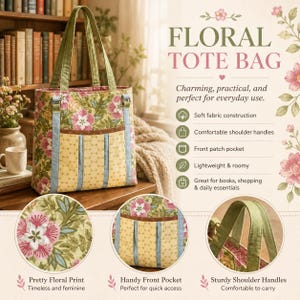 May include: A floral tote bag featuring a green and pink botanical print, a yellow front panel with a patch pocket, and two green shoulder handles. The bag is displayed with text labels highlighting its soft fabric, front pocket, and handles.