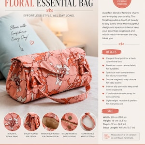 May include: A coral and white floral print bag with a magnetic snap closure, a wristlet strap, and pleated sides. The bag measures 28 cm wide, 16 cm high, and 12 cm deep, with a 40 cm strap length and an interior slip pocket for organisation.