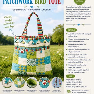 Può includere: Una borsa tote trapuntata in patchwork con stampa di uccelli, bordo smerlato e manici a righe. La borsa presenta tasche esterne con bottoni. Le dimensioni sono 36 cm di larghezza, 33 cm di altezza, 13 cm di profondità e 28 cm di altezza manico.