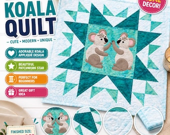 Modello PDF per trapunta da tavolo "Koala Friends", trapunta con applicazioni di koala, tovaglietta con animali, tutorial per decorazione murale della cameretta.
