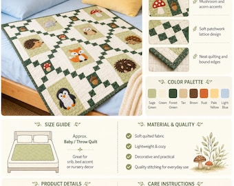 Waldfreunde werfen Quilt Muster PDF, Waldtier Quilt Muster, Igel Fuchs Eule Quilt, Baby Quilt Muster,