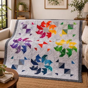 Rainbow Pinwheel Quilt Pattern PDF | Modern Flying Geese Throw Quilt | Beginner Geometric Quilting Pattern | Digital Quilt Pattern