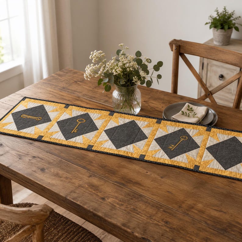 May include: A rectangular quilted table runner featuring a repeating pattern of dark gray diamond shapes centered within yellow and white starburst blocks. Each dark gray diamond contains a gold-colored embroidered key motif.