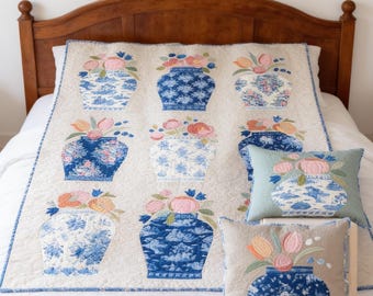Ginger Jar Quilt Pattern PDF | Blue White Floral Applique Quilt | Chinoiserie Cottage Quilting Pattern | Digital Quilt Pattern