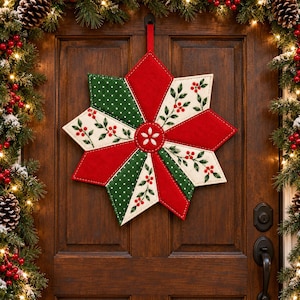 May include: A star-shaped fabric wall hanging featuring a patchwork design of solid red, green with white polka dots, and cream fabric with a green leaf and red berry print. The ornament has a central circular accent and a red fabric loop.