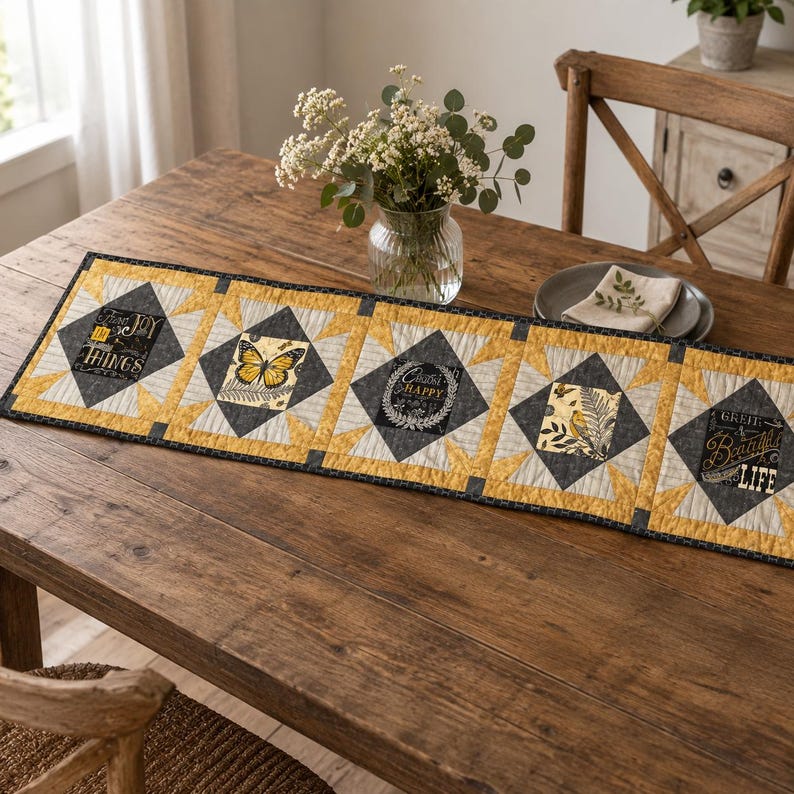 May include: A rectangular quilted table runner featuring five square panels with yellow and charcoal gray star patterns. The panels display printed graphics of a butterfly, a bird, and text reading Find Joy in the Things, Choose Happy, and Great Beautiful Life.
