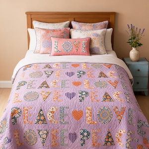 Quiltmuster „Frieden und Liebe“ (PDF), Retro-Alphabet-Patchwork-Quilt, Herzblock-Nähvorlage, Digitaler Download | Digitales Quiltmuster