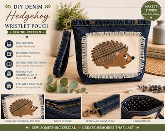 Cartamodello PDF per borsa a forma di riccio felice, cartamodello per pochette a forma di riccio, cartamodello per astuccio in denim con cerniera, cartamodello per borsa con applicazioni, download immediato