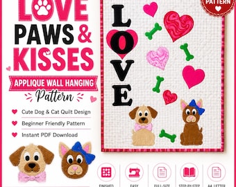Hund Quilt Muster PDF, Welpe Applikation Quilt Muster, Valentinstag Wandbehang Muster, Hundeliebhaber Schnittmuster, Gesteppter Wandbehang