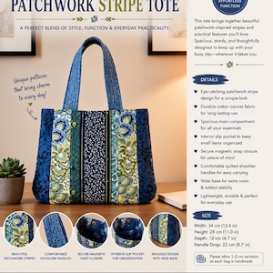 Può includere: Una borsa tote a righe patchwork con motivi floreali e di foglie nei toni del blu, verde e bianco. La borsa presenta due manici trapuntati, una chiusura magnetica e una tasca interna. Misura 34 cm di larghezza, 28 cm di altezza e 12 cm di profondità.
